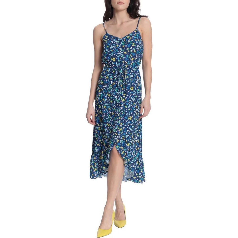 Donna Morgan Dress Women’s 12 Blue/Yellow Floral Strappy V-Neck Hi-Low Midi NWT